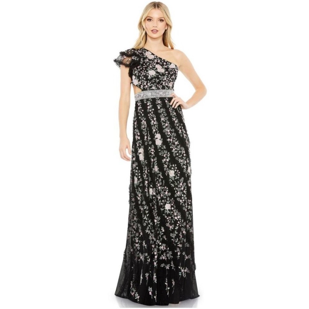 NWT Mac Duggal 70160 EmbroideredRuffled One Shoulder Lace Up Gown Size‎ 14